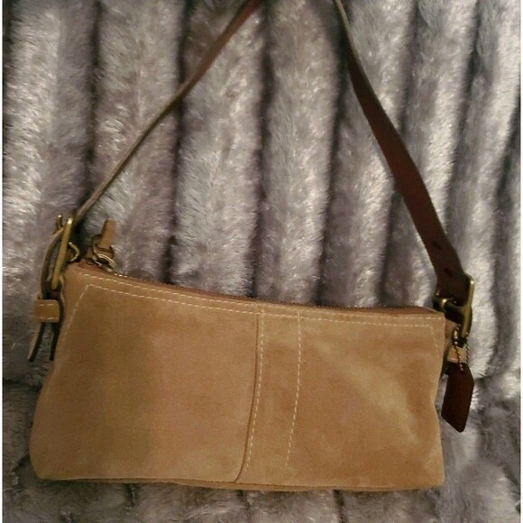 Vintage Coach 7470 Hamptons Demi Baguette Shoulder Bag Beige Suede Brown Leather - Picture 1 of 16